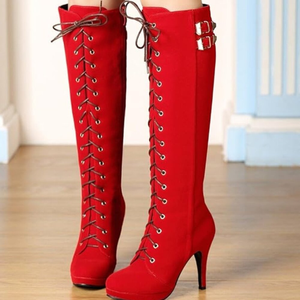 Red-hot faux-suede knee-high boots, worn only once! Size 37 or 6.5